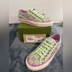 Brand New Gucci Tennis 1977 GG Crystals Pale Green Lilac Sneakers Sz 35 (US 5)